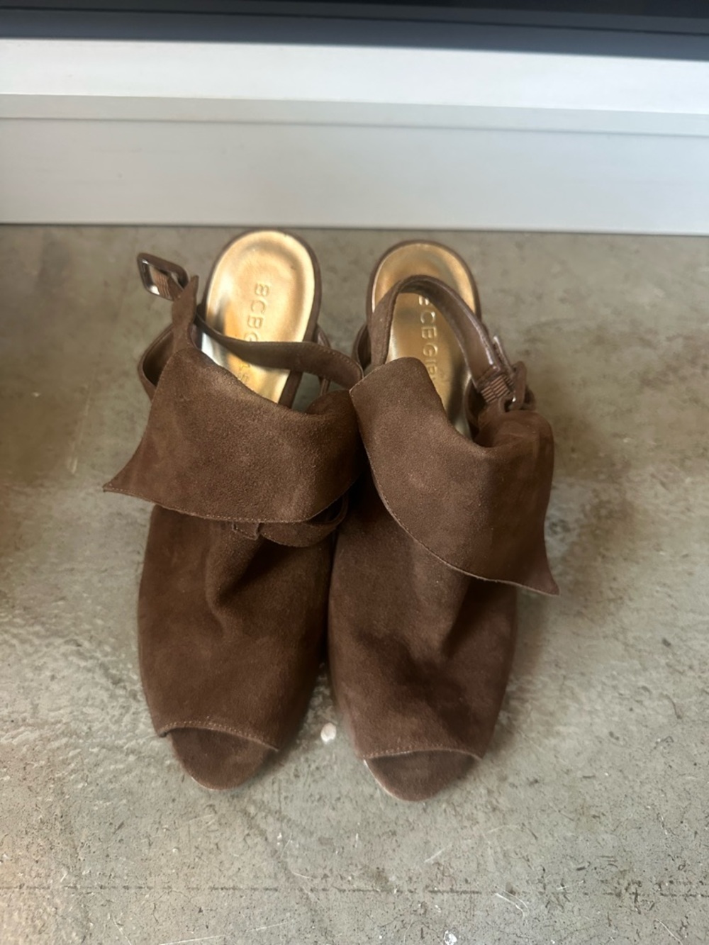 BCBGirls Brown Suede Peep-Toe Slingback Mules